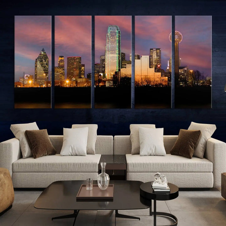 The living room is adorned with the Dallas City Lights Sunset Colorful Cloudy Skyline Cityscape View Wall Art Canvas Print on the wall.