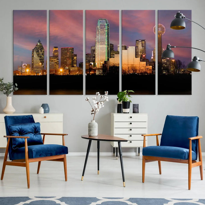 The living room is adorned with the Dallas City Lights Sunset Colorful Cloudy Skyline Cityscape View Wall Art Canvas Print on the wall.