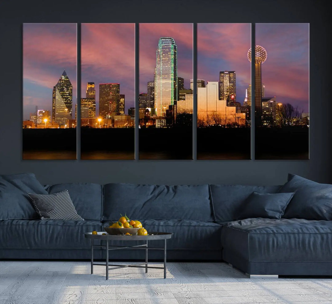 The living room is adorned with the Dallas City Lights Sunset Colorful Cloudy Skyline Cityscape View Wall Art Canvas Print on the wall.