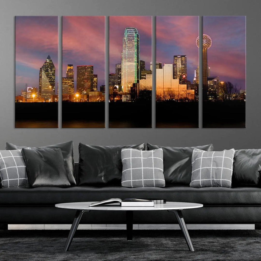 The living room is adorned with the Dallas City Lights Sunset Colorful Cloudy Skyline Cityscape View Wall Art Canvas Print on the wall.