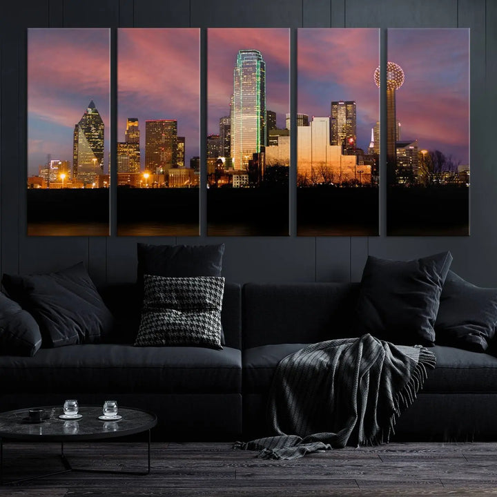 The living room is adorned with the Dallas City Lights Sunset Colorful Cloudy Skyline Cityscape View Wall Art Canvas Print on the wall.