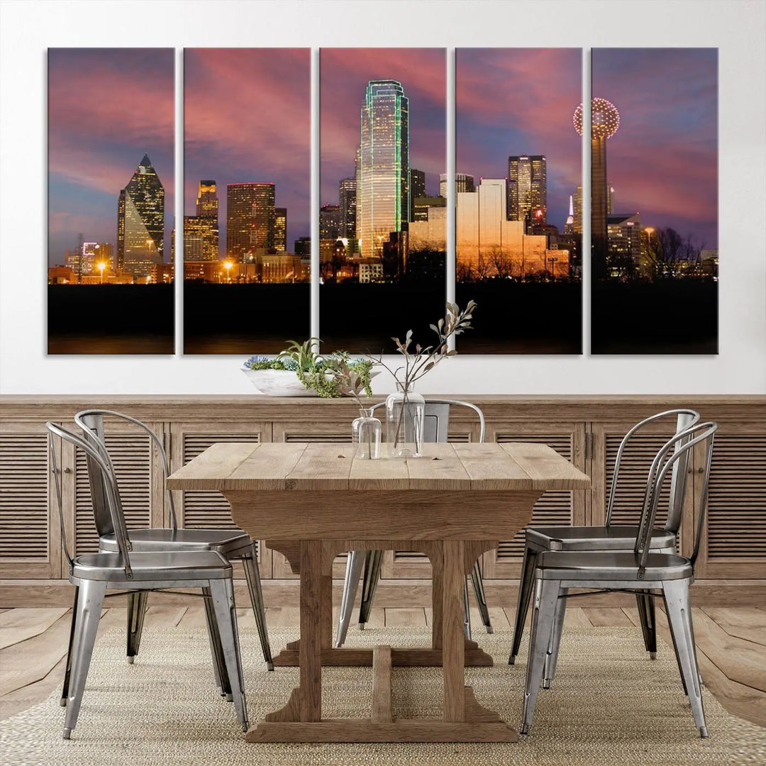 The living room is adorned with the Dallas City Lights Sunset Colorful Cloudy Skyline Cityscape View Wall Art Canvas Print on the wall.