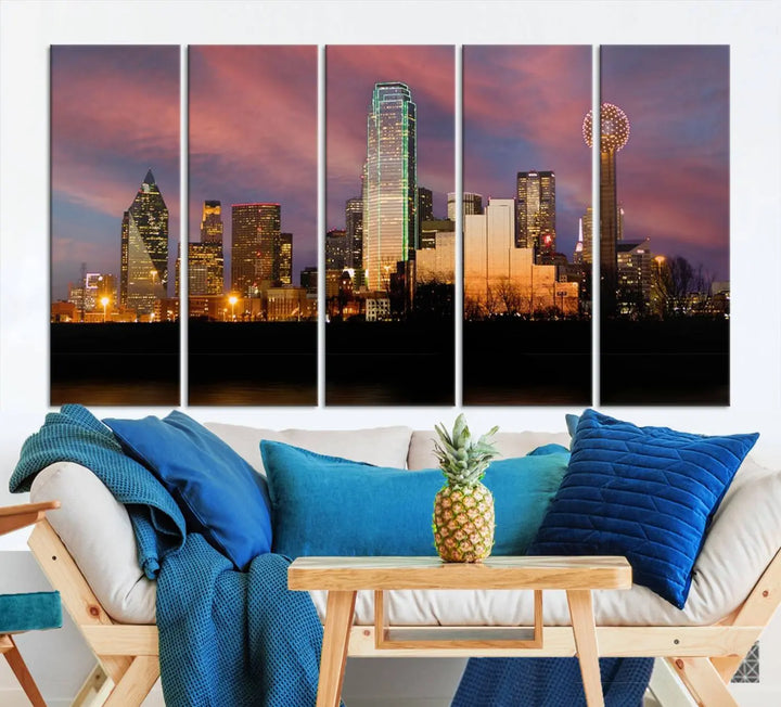 The living room is adorned with the Dallas City Lights Sunset Colorful Cloudy Skyline Cityscape View Wall Art Canvas Print on the wall.