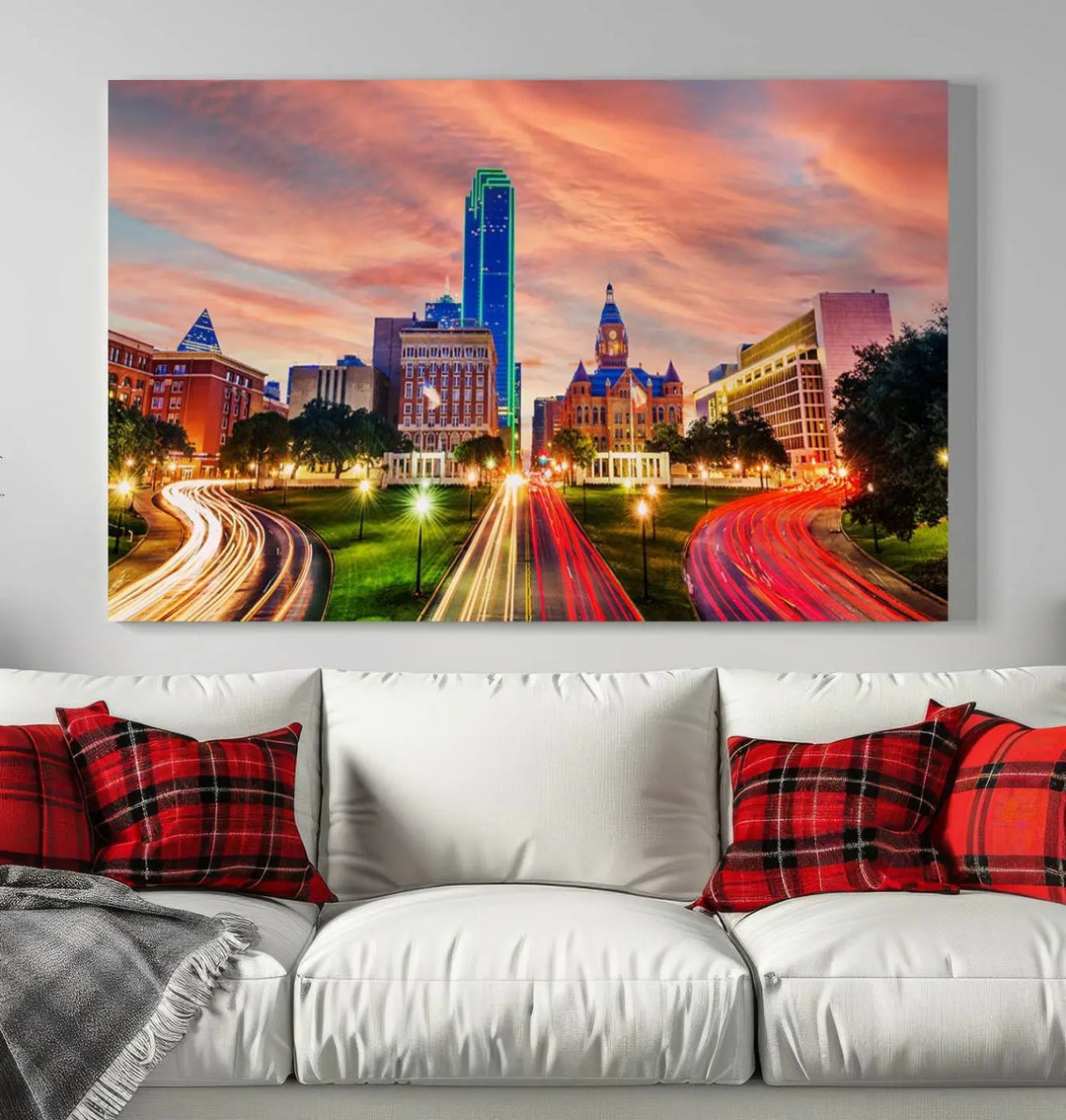 The "Dallas City Lights Sunset Orange Cloudy Skyline Cityscape View" wall art, exquisitely printed on museum-quality canvas and featuring a UV-protective coating, hangs on a dark wall.