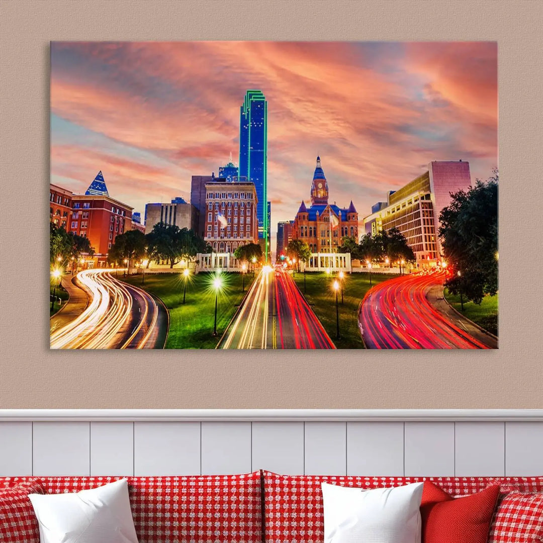 The "Dallas City Lights Sunset Orange Cloudy Skyline Cityscape View" wall art, exquisitely printed on museum-quality canvas and featuring a UV-protective coating, hangs on a dark wall.