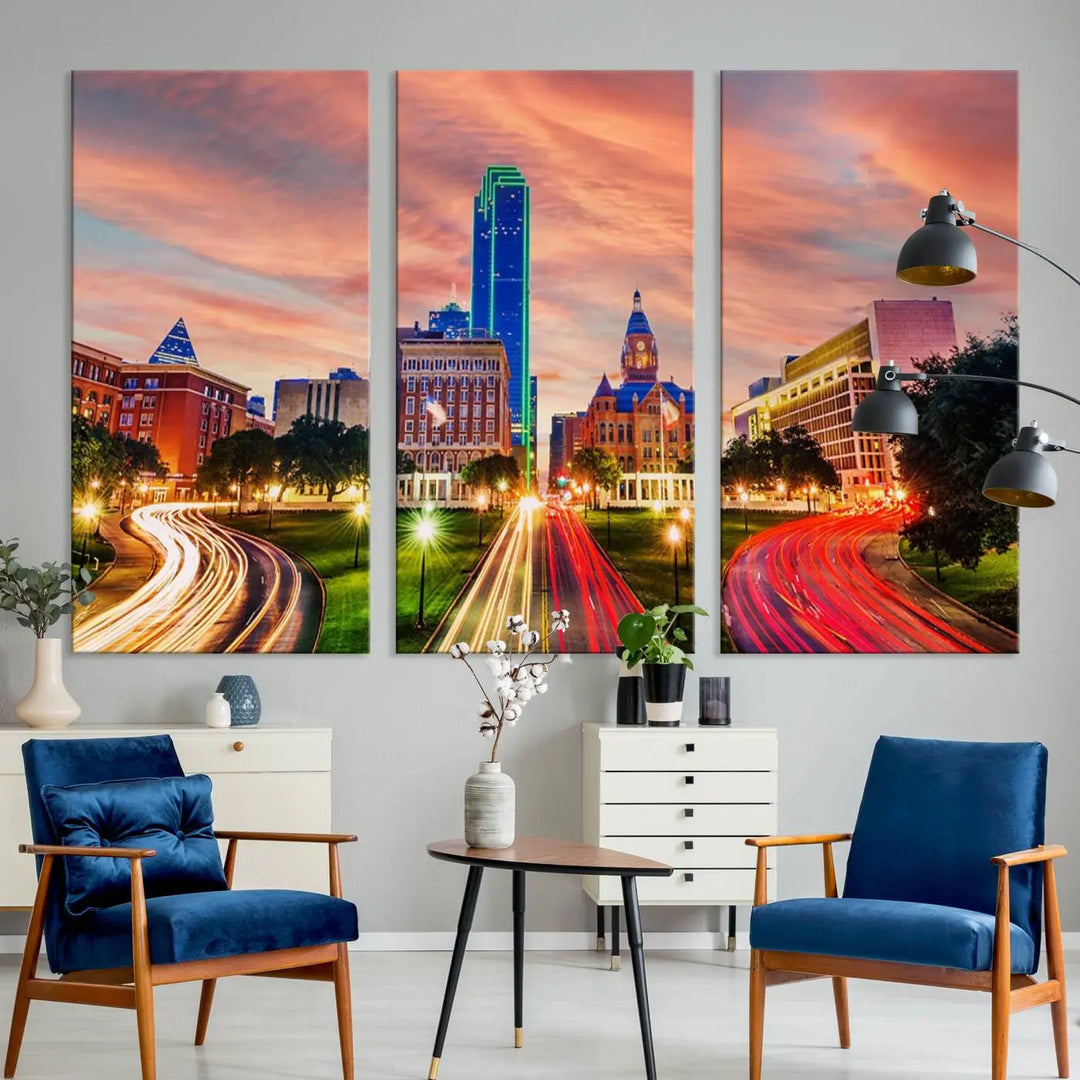 The "Dallas City Lights Sunset Orange Cloudy Skyline Cityscape View" wall art, exquisitely printed on museum-quality canvas and featuring a UV-protective coating, hangs on a dark wall.