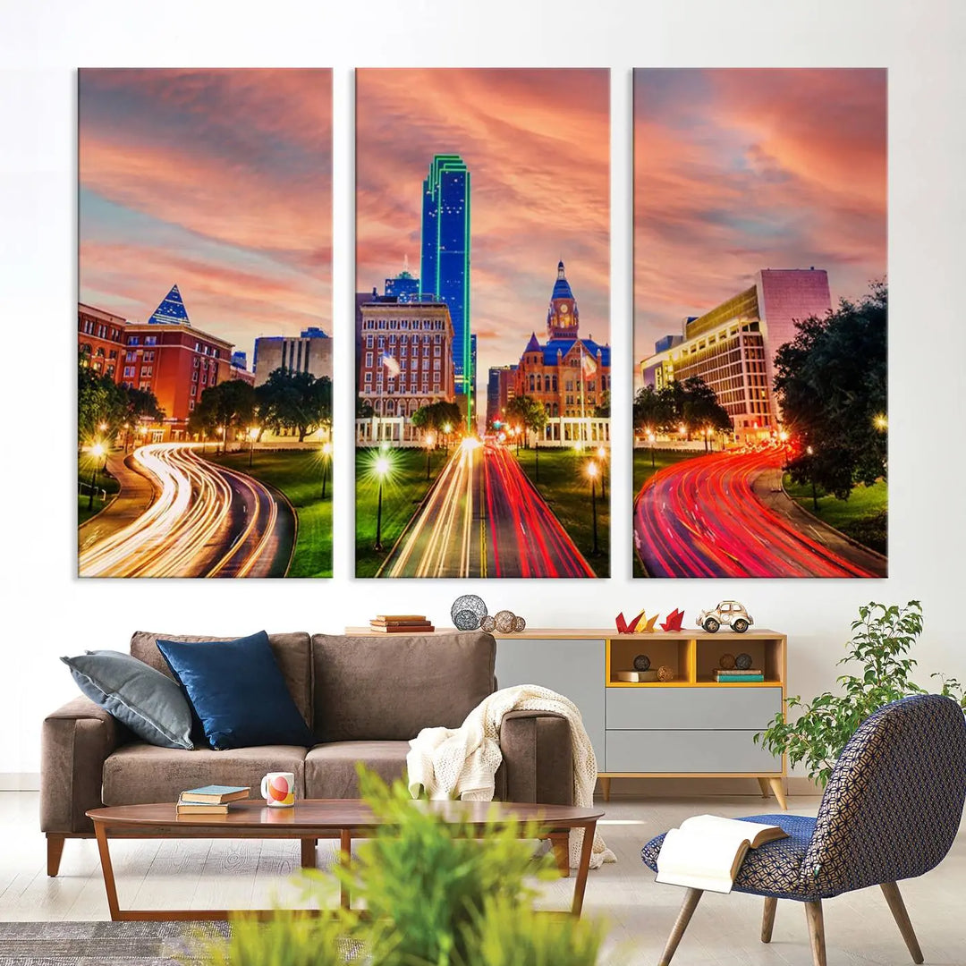 The "Dallas City Lights Sunset Orange Cloudy Skyline Cityscape View" wall art, exquisitely printed on museum-quality canvas and featuring a UV-protective coating, hangs on a dark wall.