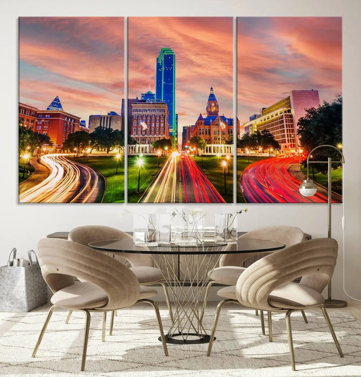 The "Dallas City Lights Sunset Orange Cloudy Skyline Cityscape View" wall art, exquisitely printed on museum-quality canvas and featuring a UV-protective coating, hangs on a dark wall.