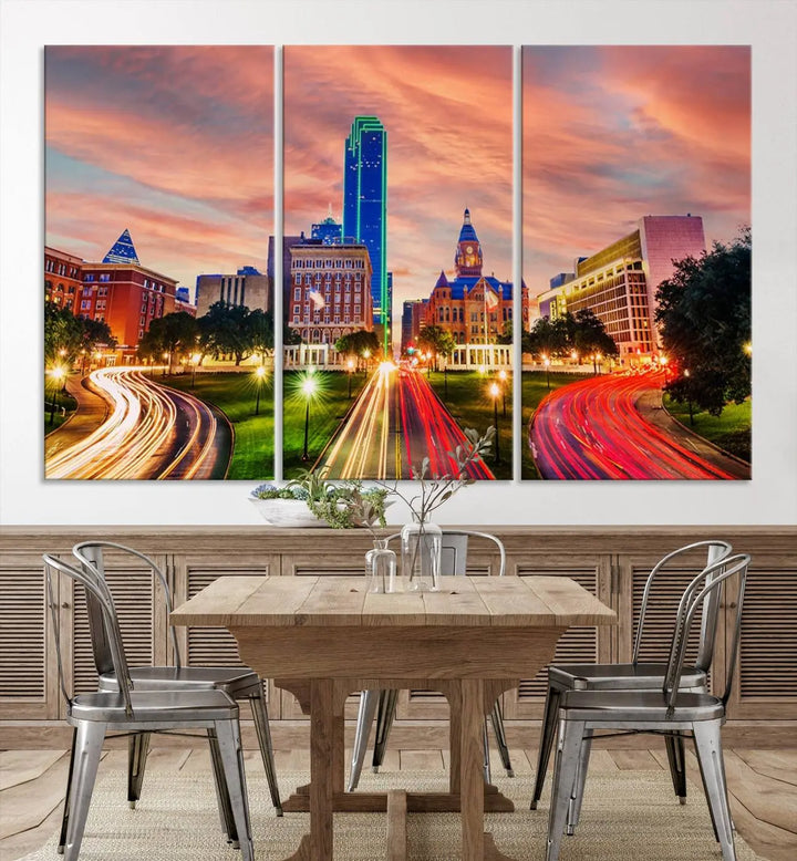 The "Dallas City Lights Sunset Orange Cloudy Skyline Cityscape View" wall art, exquisitely printed on museum-quality canvas and featuring a UV-protective coating, hangs on a dark wall.