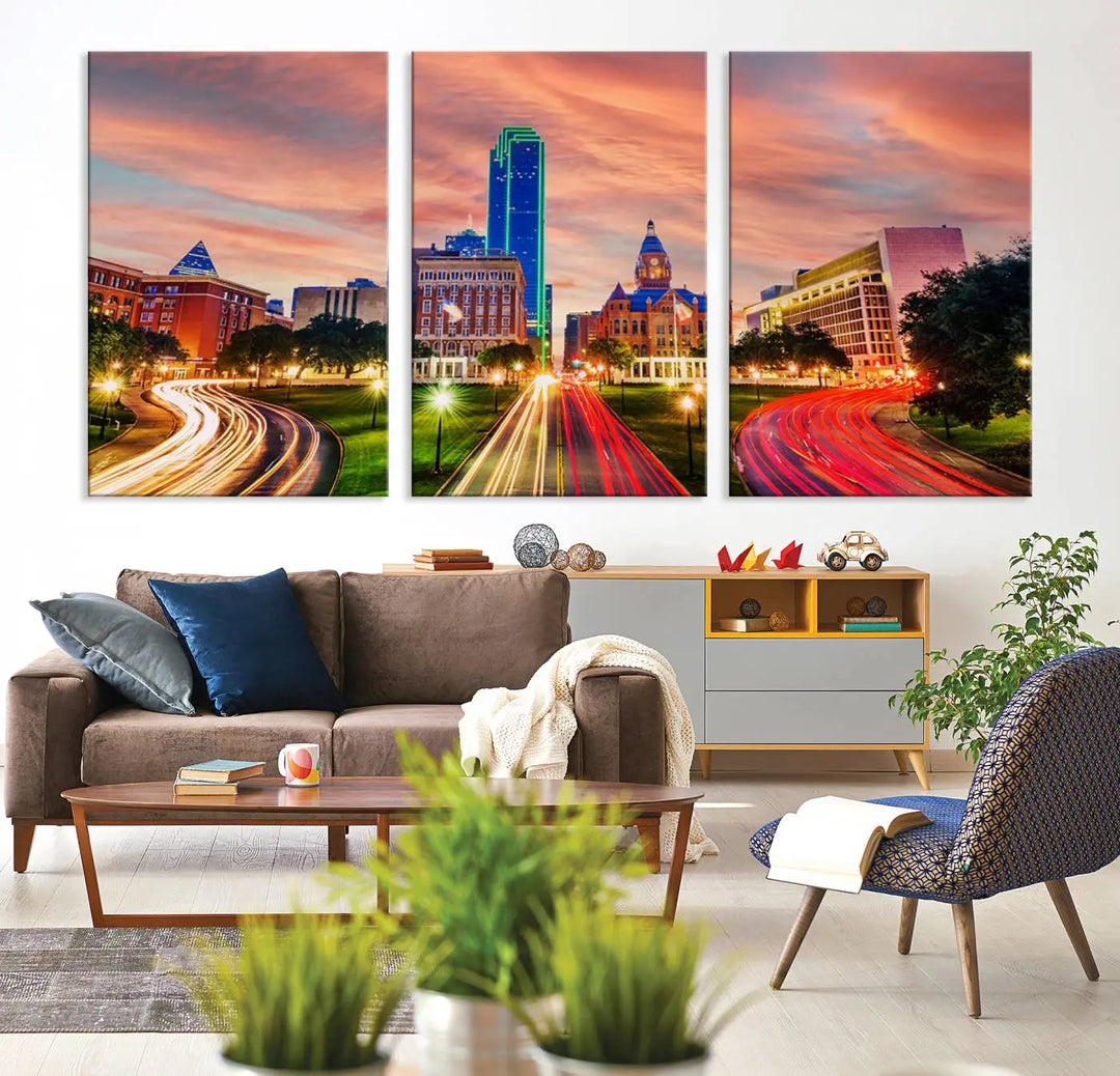 The "Dallas City Lights Sunset Orange Cloudy Skyline Cityscape View" wall art, exquisitely printed on museum-quality canvas and featuring a UV-protective coating, hangs on a dark wall.