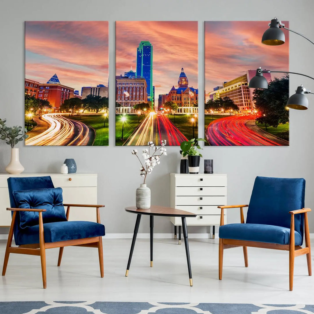 The "Dallas City Lights Sunset Orange Cloudy Skyline Cityscape View" wall art, exquisitely printed on museum-quality canvas and featuring a UV-protective coating, hangs on a dark wall.