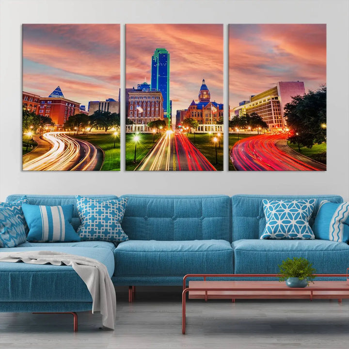 The "Dallas City Lights Sunset Orange Cloudy Skyline Cityscape View" wall art, exquisitely printed on museum-quality canvas and featuring a UV-protective coating, hangs on a dark wall.