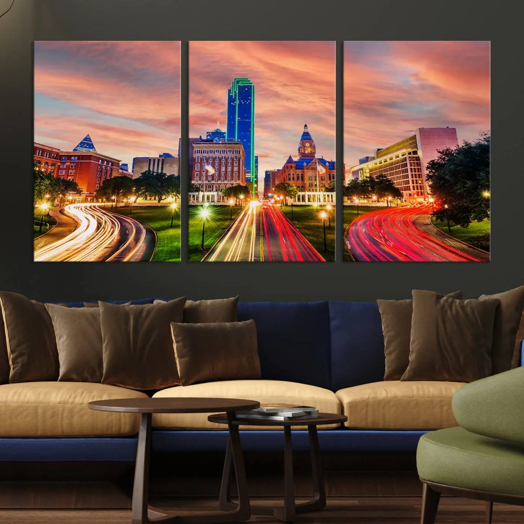 The "Dallas City Lights Sunset Orange Cloudy Skyline Cityscape View" wall art, exquisitely printed on museum-quality canvas and featuring a UV-protective coating, hangs on a dark wall.