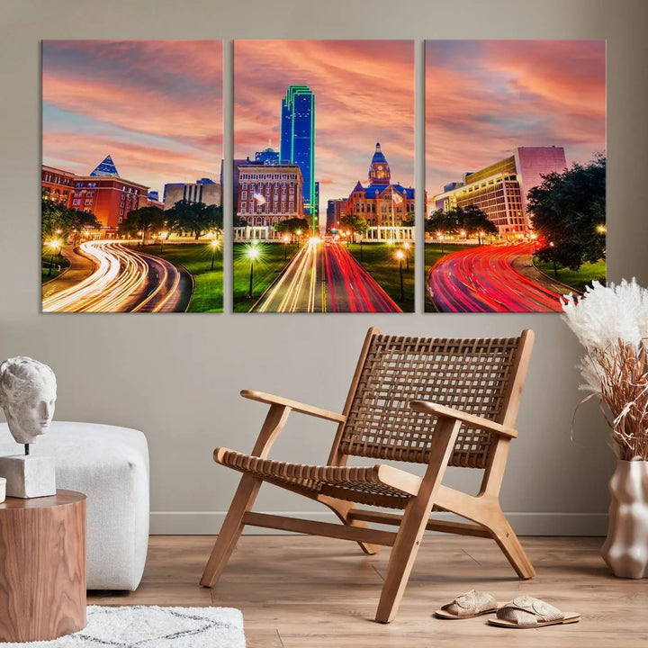 The "Dallas City Lights Sunset Orange Cloudy Skyline Cityscape View" wall art, exquisitely printed on museum-quality canvas and featuring a UV-protective coating, hangs on a dark wall.