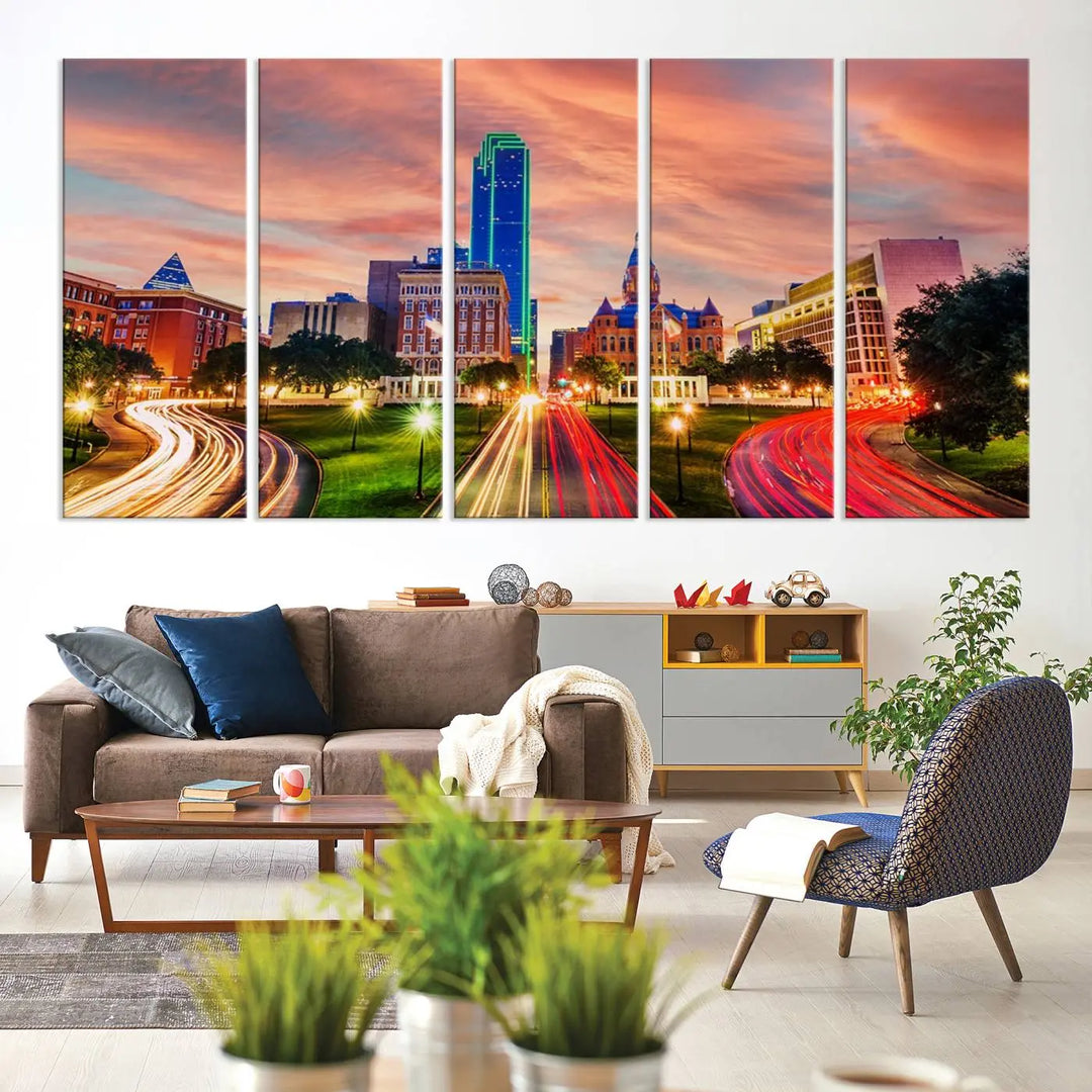 The "Dallas City Lights Sunset Orange Cloudy Skyline Cityscape View" wall art, exquisitely printed on museum-quality canvas and featuring a UV-protective coating, hangs on a dark wall.