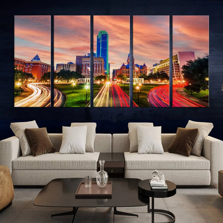 The "Dallas City Lights Sunset Orange Cloudy Skyline Cityscape View" wall art, exquisitely printed on museum-quality canvas and featuring a UV-protective coating, hangs on a dark wall.