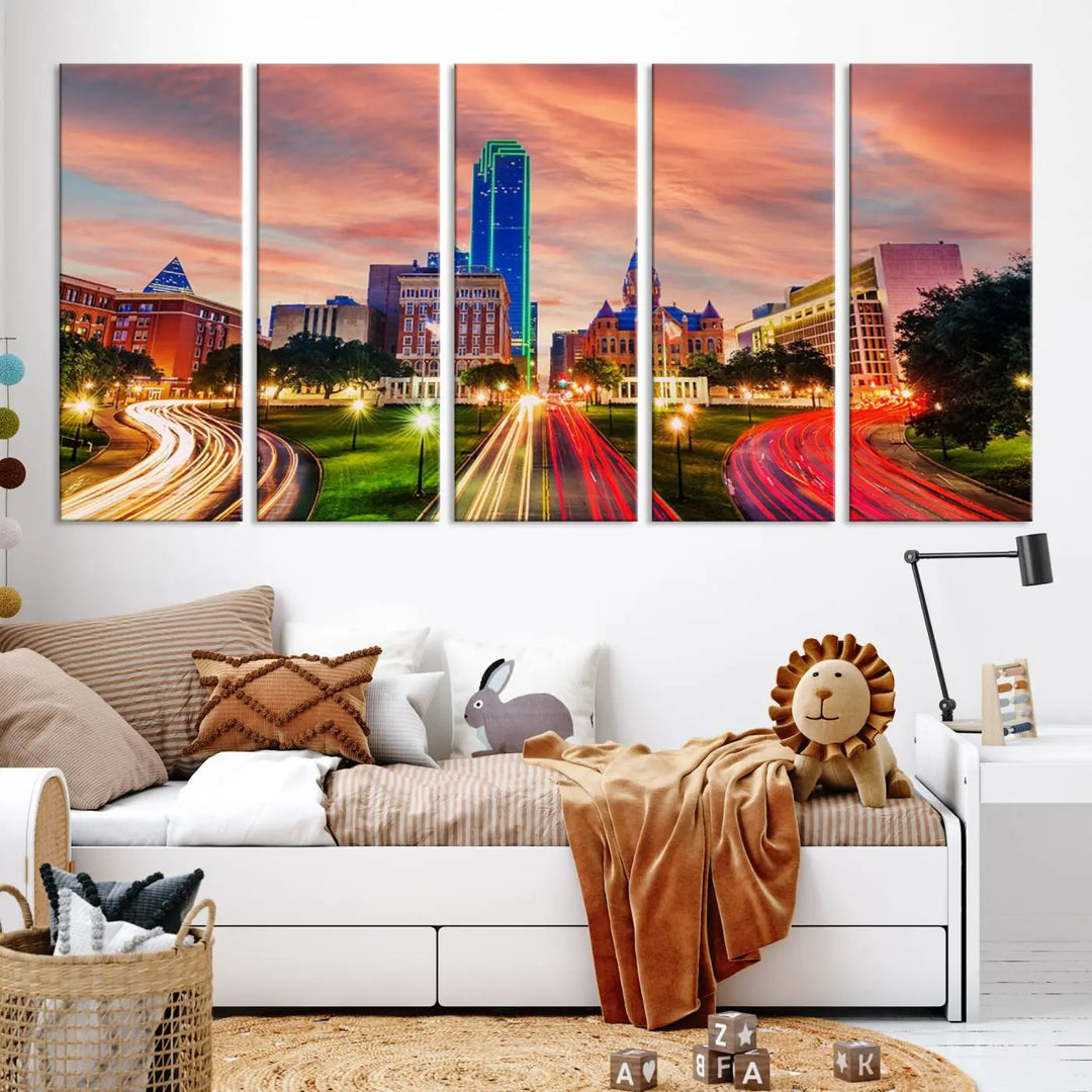 The "Dallas City Lights Sunset Orange Cloudy Skyline Cityscape View" wall art, exquisitely printed on museum-quality canvas and featuring a UV-protective coating, hangs on a dark wall.