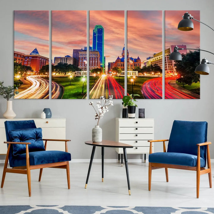 The "Dallas City Lights Sunset Orange Cloudy Skyline Cityscape View" wall art, exquisitely printed on museum-quality canvas and featuring a UV-protective coating, hangs on a dark wall.