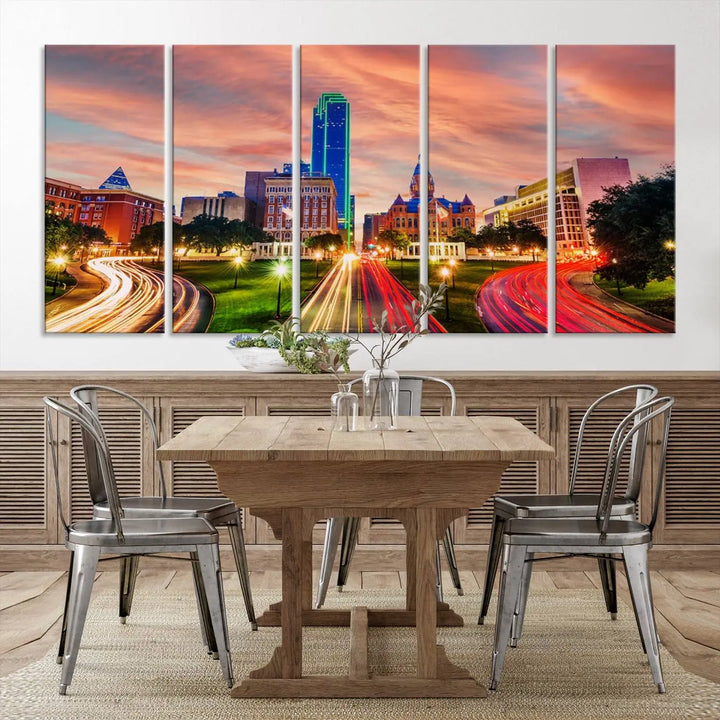 The "Dallas City Lights Sunset Orange Cloudy Skyline Cityscape View" wall art, exquisitely printed on museum-quality canvas and featuring a UV-protective coating, hangs on a dark wall.