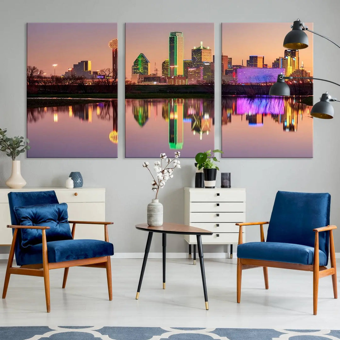 A breathtaking cityscape of Dallas at sunset is beautifully captured and reflected in a river. This scene is rendered on the museum-quality "Dallas City Lights Sunset Skyline Cityscape View Wall Art Canvas Print," which comes with an elegant UV-protective coating, ready to hang and enhance any space.