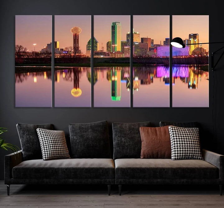 A breathtaking cityscape of Dallas at sunset is beautifully captured and reflected in a river. This scene is rendered on the museum-quality "Dallas City Lights Sunset Skyline Cityscape View Wall Art Canvas Print," which comes with an elegant UV-protective coating, ready to hang and enhance any space.