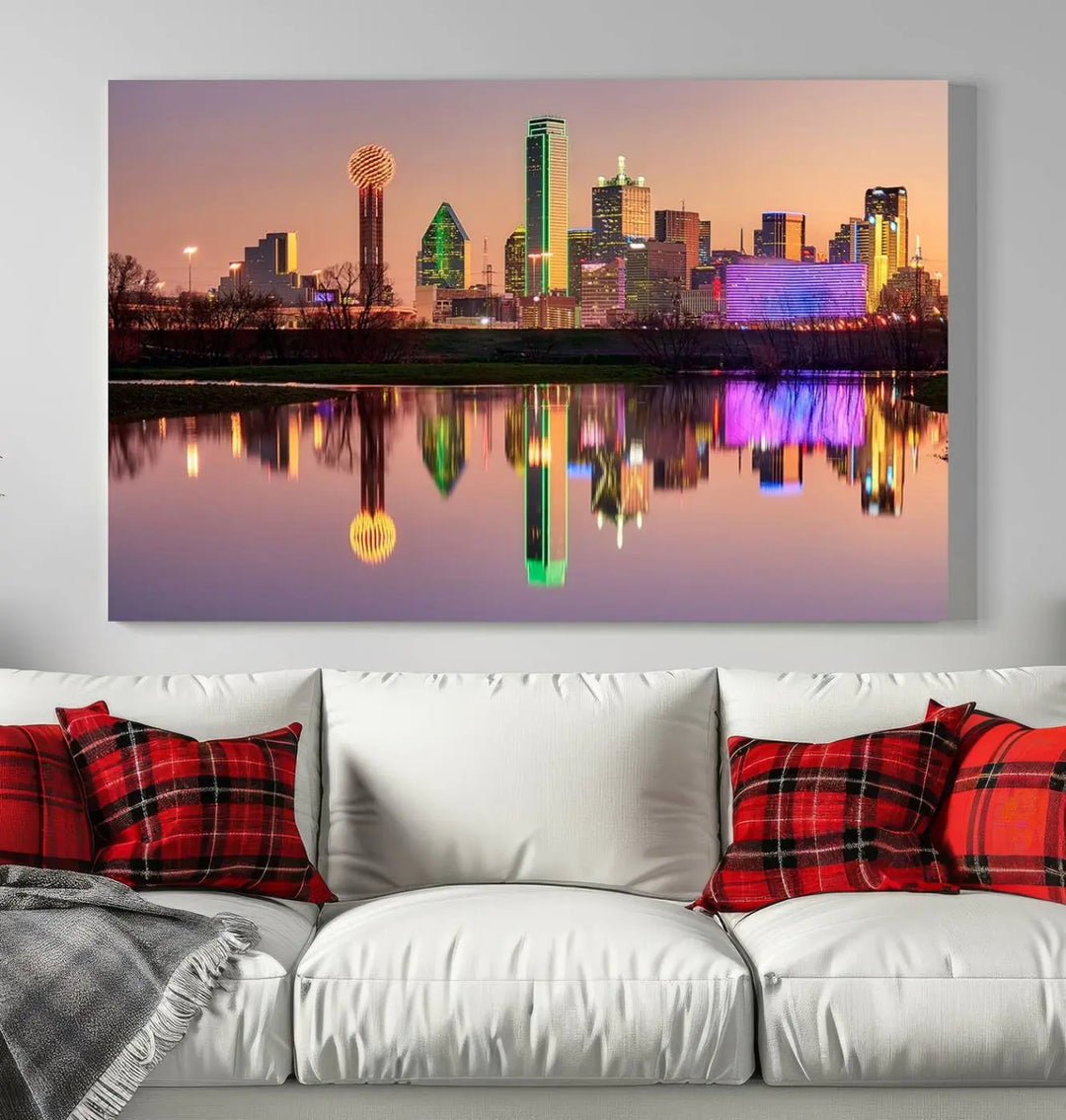 A breathtaking cityscape of Dallas at sunset is beautifully captured and reflected in a river. This scene is rendered on the museum-quality "Dallas City Lights Sunset Skyline Cityscape View Wall Art Canvas Print," which comes with an elegant UV-protective coating, ready to hang and enhance any space.