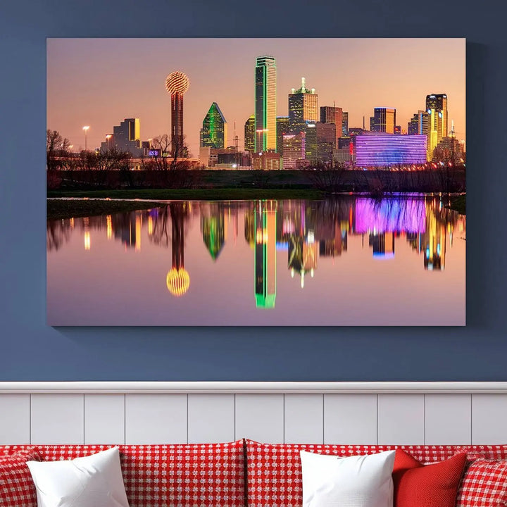 A breathtaking cityscape of Dallas at sunset is beautifully captured and reflected in a river. This scene is rendered on the museum-quality "Dallas City Lights Sunset Skyline Cityscape View Wall Art Canvas Print," which comes with an elegant UV-protective coating, ready to hang and enhance any space.