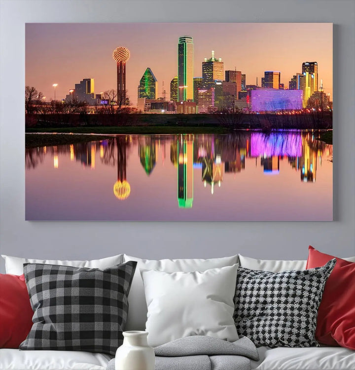 A breathtaking cityscape of Dallas at sunset is beautifully captured and reflected in a river. This scene is rendered on the museum-quality "Dallas City Lights Sunset Skyline Cityscape View Wall Art Canvas Print," which comes with an elegant UV-protective coating, ready to hang and enhance any space.