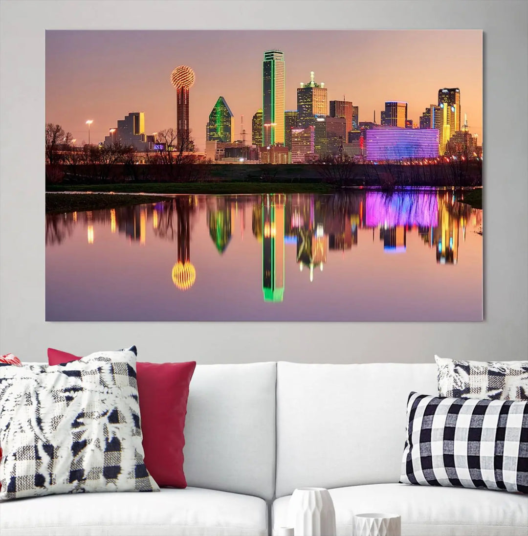 A breathtaking cityscape of Dallas at sunset is beautifully captured and reflected in a river. This scene is rendered on the museum-quality "Dallas City Lights Sunset Skyline Cityscape View Wall Art Canvas Print," which comes with an elegant UV-protective coating, ready to hang and enhance any space.