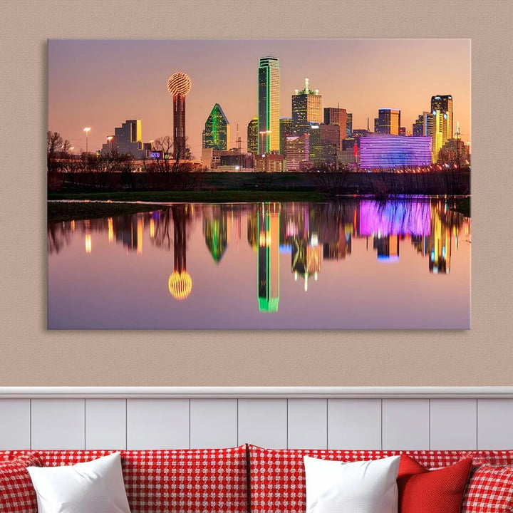 A breathtaking cityscape of Dallas at sunset is beautifully captured and reflected in a river. This scene is rendered on the museum-quality "Dallas City Lights Sunset Skyline Cityscape View Wall Art Canvas Print," which comes with an elegant UV-protective coating, ready to hang and enhance any space.