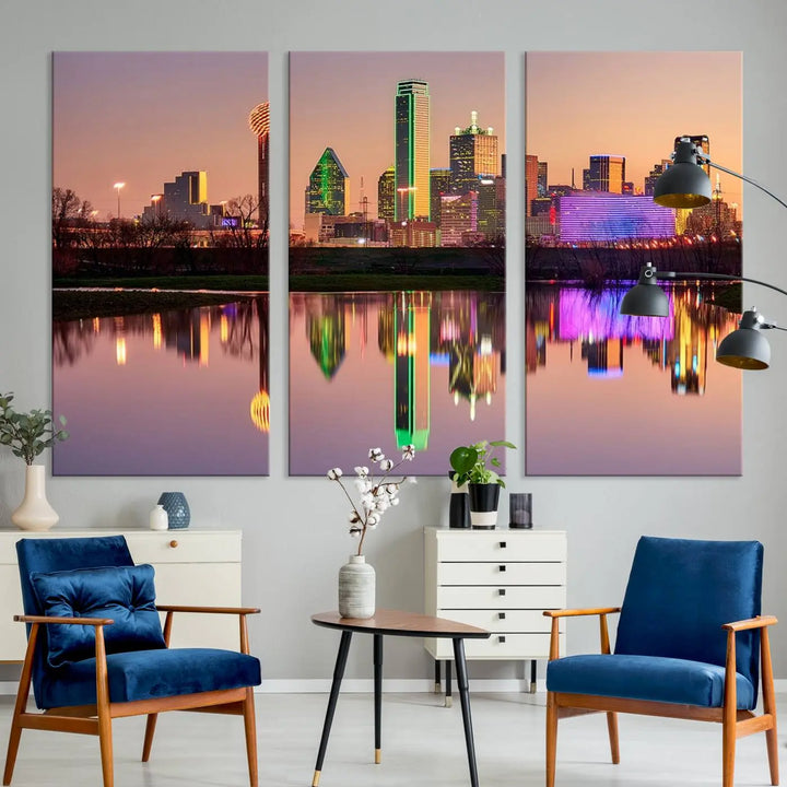 A breathtaking cityscape of Dallas at sunset is beautifully captured and reflected in a river. This scene is rendered on the museum-quality "Dallas City Lights Sunset Skyline Cityscape View Wall Art Canvas Print," which comes with an elegant UV-protective coating, ready to hang and enhance any space.