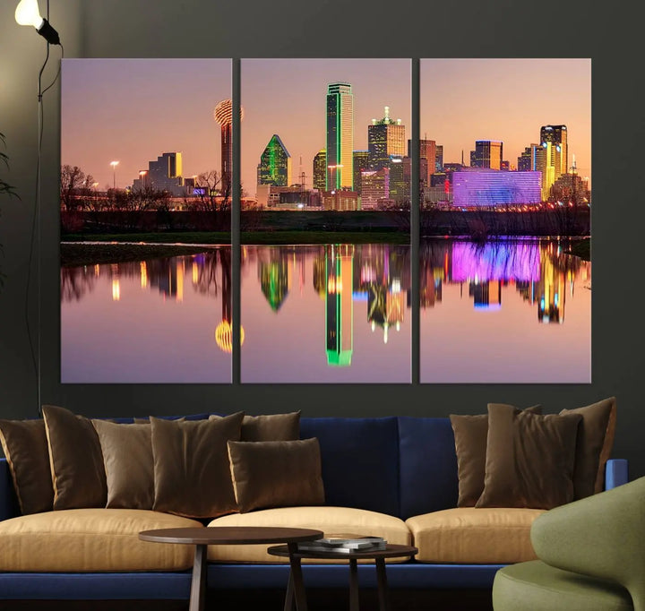 A breathtaking cityscape of Dallas at sunset is beautifully captured and reflected in a river. This scene is rendered on the museum-quality "Dallas City Lights Sunset Skyline Cityscape View Wall Art Canvas Print," which comes with an elegant UV-protective coating, ready to hang and enhance any space.