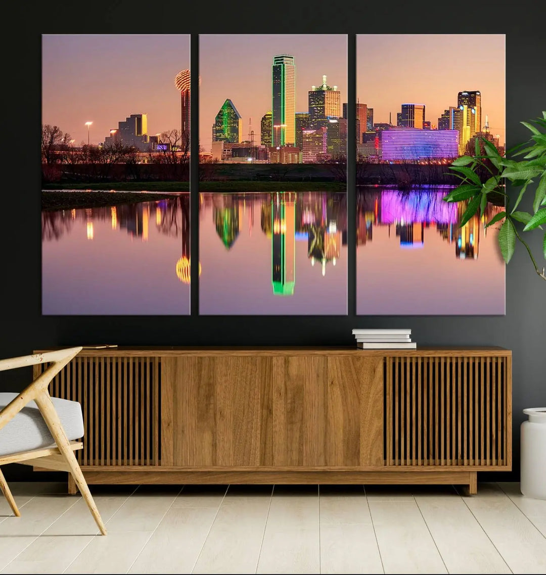 A breathtaking cityscape of Dallas at sunset is beautifully captured and reflected in a river. This scene is rendered on the museum-quality "Dallas City Lights Sunset Skyline Cityscape View Wall Art Canvas Print," which comes with an elegant UV-protective coating, ready to hang and enhance any space.