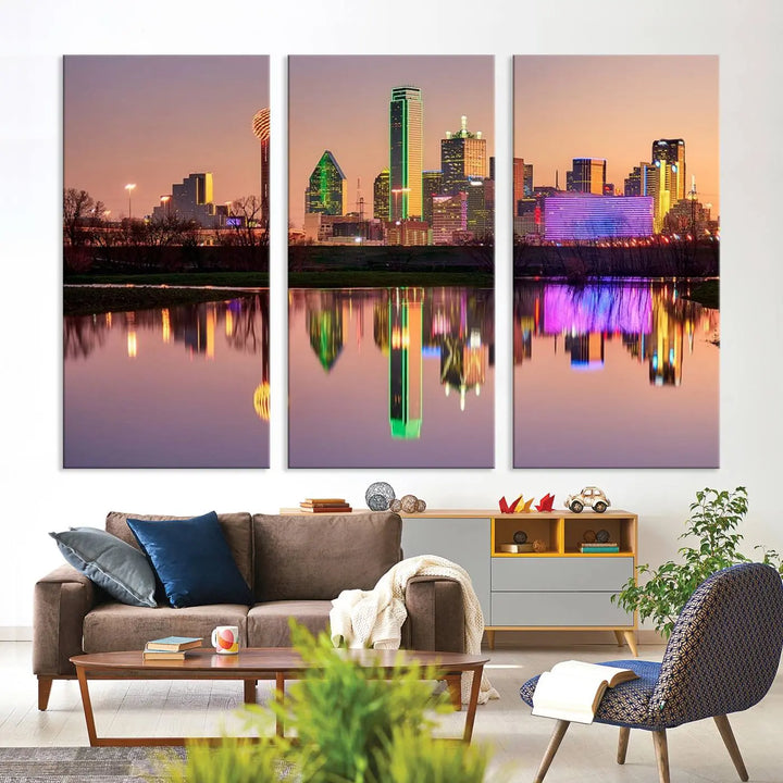 A breathtaking cityscape of Dallas at sunset is beautifully captured and reflected in a river. This scene is rendered on the museum-quality "Dallas City Lights Sunset Skyline Cityscape View Wall Art Canvas Print," which comes with an elegant UV-protective coating, ready to hang and enhance any space.