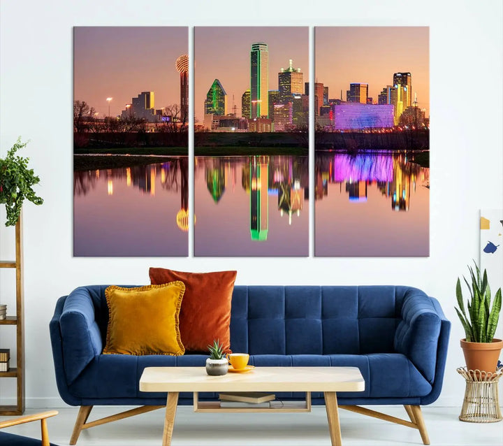 A breathtaking cityscape of Dallas at sunset is beautifully captured and reflected in a river. This scene is rendered on the museum-quality "Dallas City Lights Sunset Skyline Cityscape View Wall Art Canvas Print," which comes with an elegant UV-protective coating, ready to hang and enhance any space.