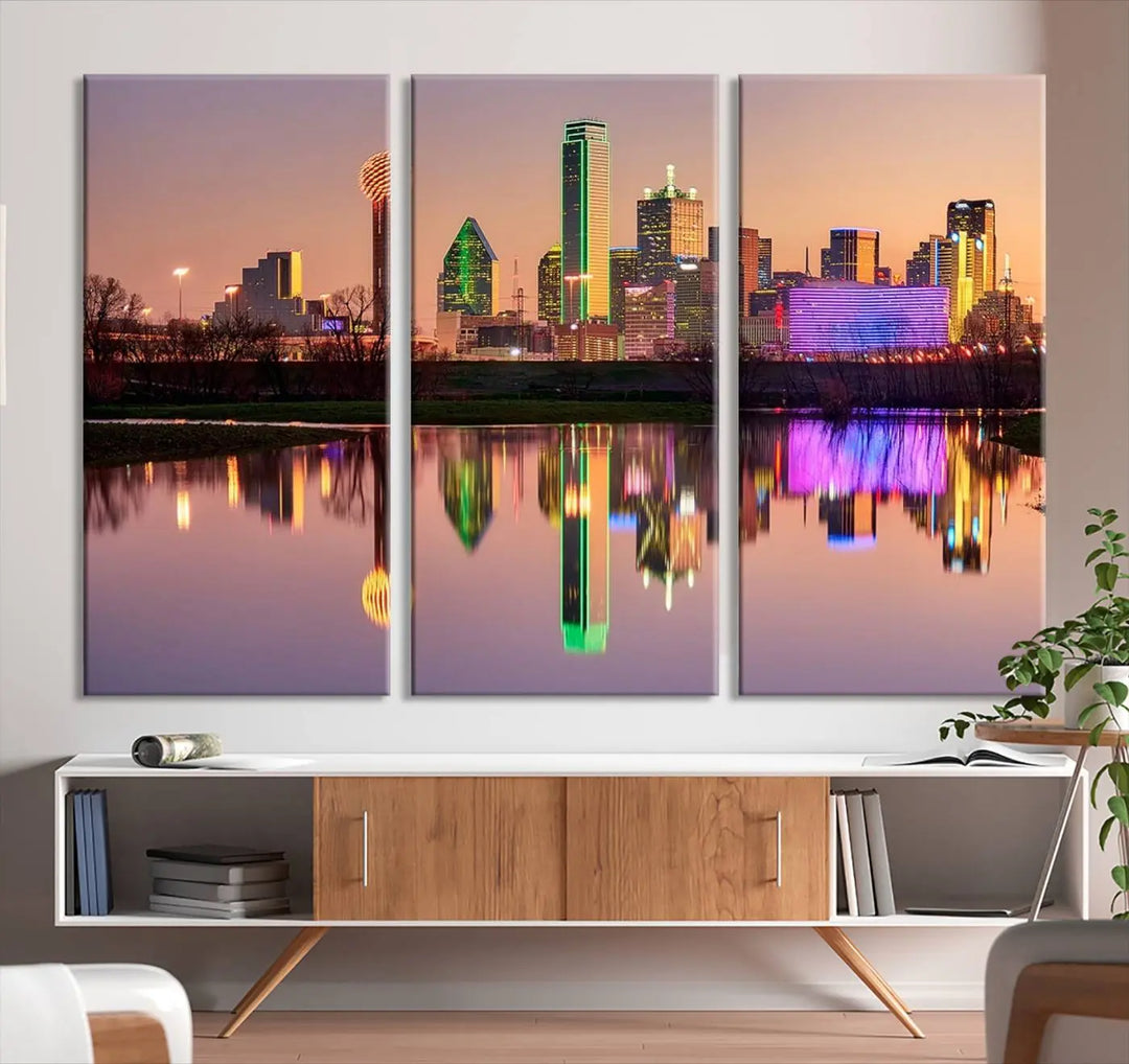 A breathtaking cityscape of Dallas at sunset is beautifully captured and reflected in a river. This scene is rendered on the museum-quality "Dallas City Lights Sunset Skyline Cityscape View Wall Art Canvas Print," which comes with an elegant UV-protective coating, ready to hang and enhance any space.