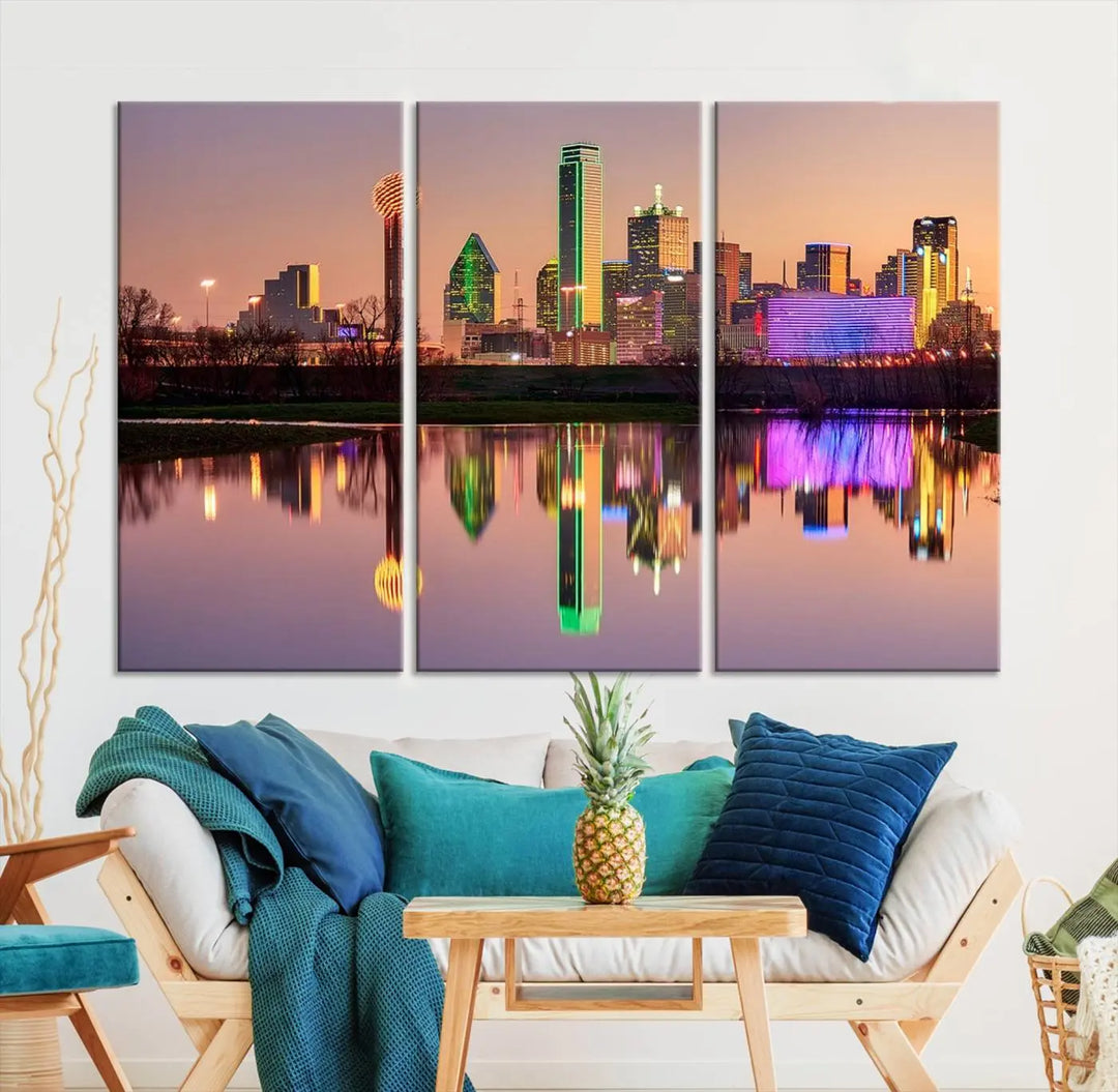 A breathtaking cityscape of Dallas at sunset is beautifully captured and reflected in a river. This scene is rendered on the museum-quality "Dallas City Lights Sunset Skyline Cityscape View Wall Art Canvas Print," which comes with an elegant UV-protective coating, ready to hang and enhance any space.