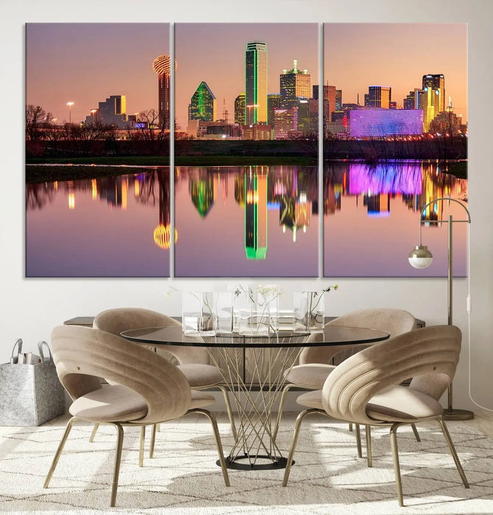 A breathtaking cityscape of Dallas at sunset is beautifully captured and reflected in a river. This scene is rendered on the museum-quality "Dallas City Lights Sunset Skyline Cityscape View Wall Art Canvas Print," which comes with an elegant UV-protective coating, ready to hang and enhance any space.