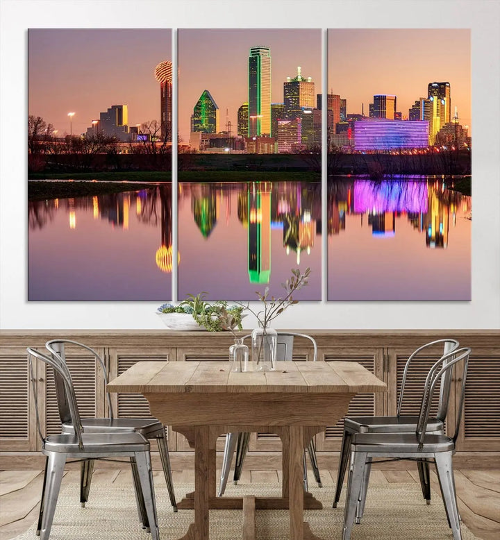 A breathtaking cityscape of Dallas at sunset is beautifully captured and reflected in a river. This scene is rendered on the museum-quality "Dallas City Lights Sunset Skyline Cityscape View Wall Art Canvas Print," which comes with an elegant UV-protective coating, ready to hang and enhance any space.