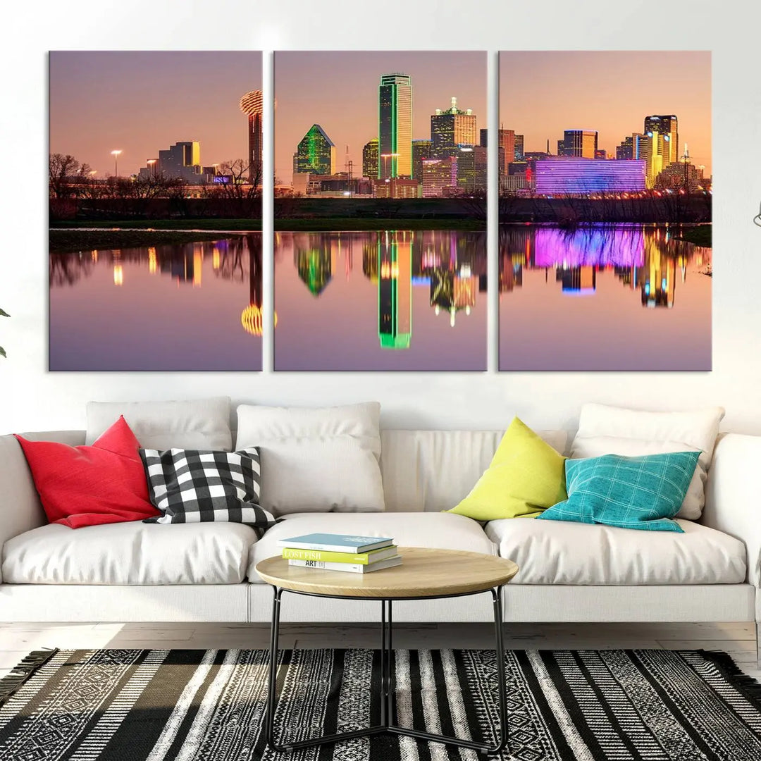 A breathtaking cityscape of Dallas at sunset is beautifully captured and reflected in a river. This scene is rendered on the museum-quality "Dallas City Lights Sunset Skyline Cityscape View Wall Art Canvas Print," which comes with an elegant UV-protective coating, ready to hang and enhance any space.