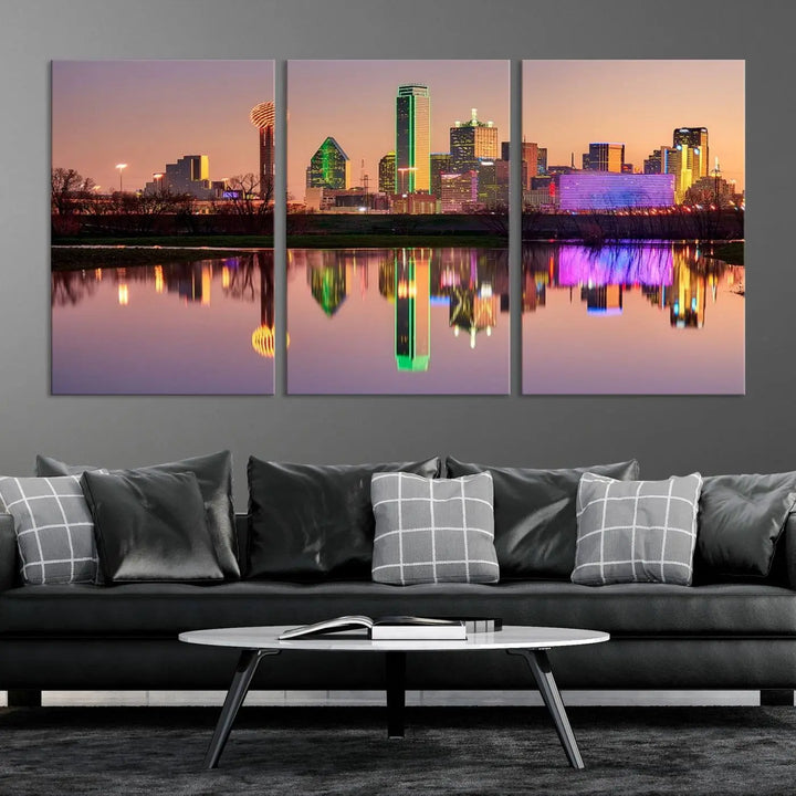 A breathtaking cityscape of Dallas at sunset is beautifully captured and reflected in a river. This scene is rendered on the museum-quality "Dallas City Lights Sunset Skyline Cityscape View Wall Art Canvas Print," which comes with an elegant UV-protective coating, ready to hang and enhance any space.