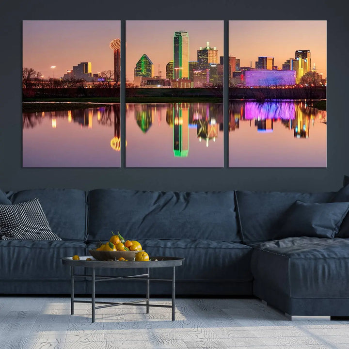 A breathtaking cityscape of Dallas at sunset is beautifully captured and reflected in a river. This scene is rendered on the museum-quality "Dallas City Lights Sunset Skyline Cityscape View Wall Art Canvas Print," which comes with an elegant UV-protective coating, ready to hang and enhance any space.