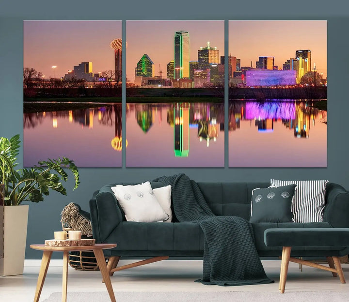 A breathtaking cityscape of Dallas at sunset is beautifully captured and reflected in a river. This scene is rendered on the museum-quality "Dallas City Lights Sunset Skyline Cityscape View Wall Art Canvas Print," which comes with an elegant UV-protective coating, ready to hang and enhance any space.