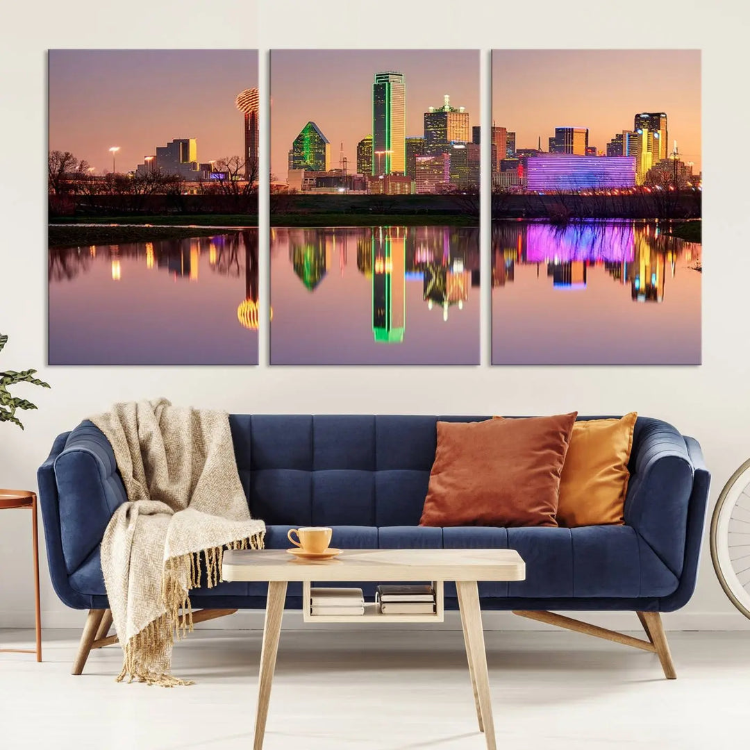 A breathtaking cityscape of Dallas at sunset is beautifully captured and reflected in a river. This scene is rendered on the museum-quality "Dallas City Lights Sunset Skyline Cityscape View Wall Art Canvas Print," which comes with an elegant UV-protective coating, ready to hang and enhance any space.