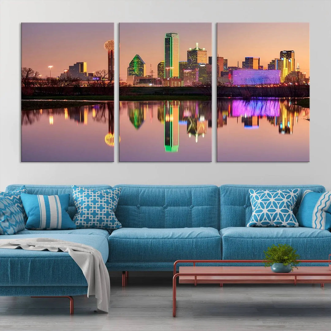 A breathtaking cityscape of Dallas at sunset is beautifully captured and reflected in a river. This scene is rendered on the museum-quality "Dallas City Lights Sunset Skyline Cityscape View Wall Art Canvas Print," which comes with an elegant UV-protective coating, ready to hang and enhance any space.