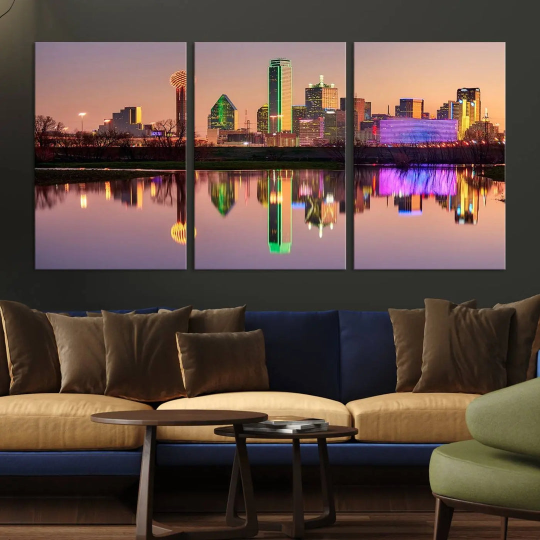 A breathtaking cityscape of Dallas at sunset is beautifully captured and reflected in a river. This scene is rendered on the museum-quality "Dallas City Lights Sunset Skyline Cityscape View Wall Art Canvas Print," which comes with an elegant UV-protective coating, ready to hang and enhance any space.