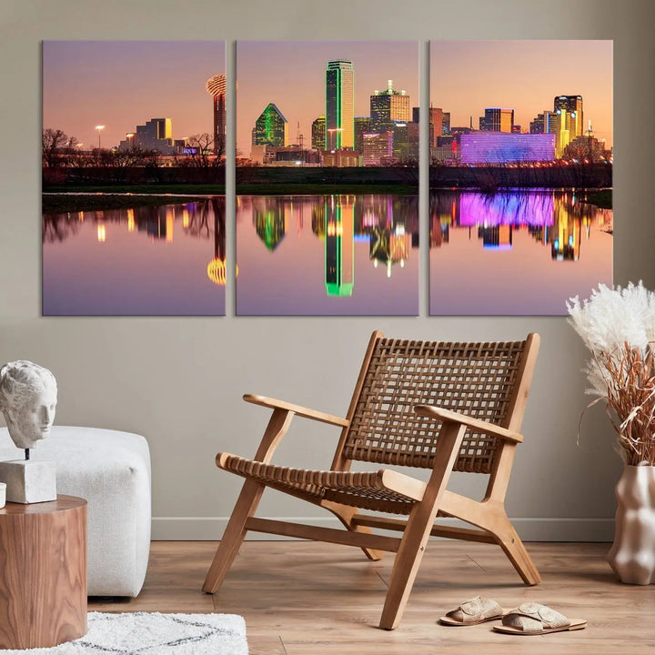 A breathtaking cityscape of Dallas at sunset is beautifully captured and reflected in a river. This scene is rendered on the museum-quality "Dallas City Lights Sunset Skyline Cityscape View Wall Art Canvas Print," which comes with an elegant UV-protective coating, ready to hang and enhance any space.