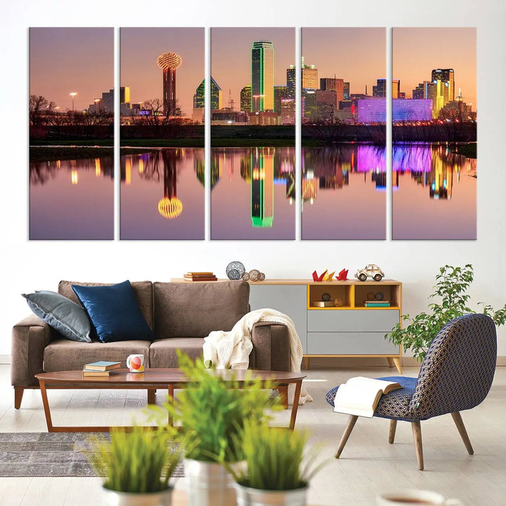 A breathtaking cityscape of Dallas at sunset is beautifully captured and reflected in a river. This scene is rendered on the museum-quality "Dallas City Lights Sunset Skyline Cityscape View Wall Art Canvas Print," which comes with an elegant UV-protective coating, ready to hang and enhance any space.