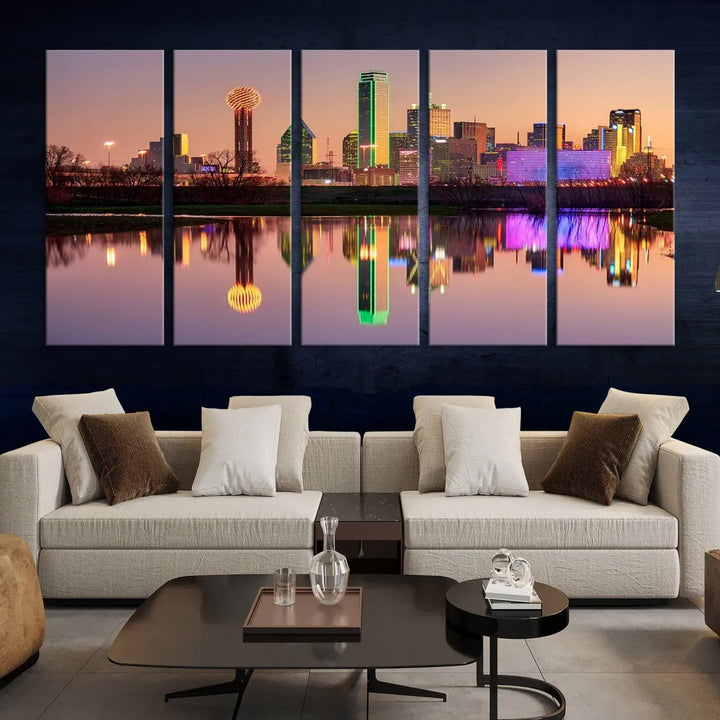 A breathtaking cityscape of Dallas at sunset is beautifully captured and reflected in a river. This scene is rendered on the museum-quality "Dallas City Lights Sunset Skyline Cityscape View Wall Art Canvas Print," which comes with an elegant UV-protective coating, ready to hang and enhance any space.