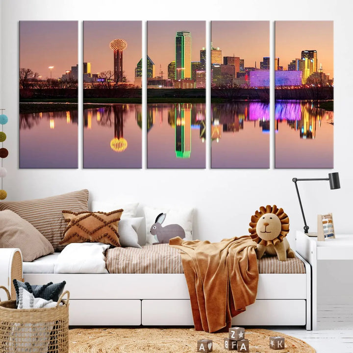 A breathtaking cityscape of Dallas at sunset is beautifully captured and reflected in a river. This scene is rendered on the museum-quality "Dallas City Lights Sunset Skyline Cityscape View Wall Art Canvas Print," which comes with an elegant UV-protective coating, ready to hang and enhance any space.